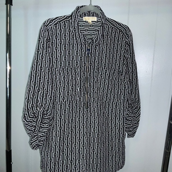 Michael Kors roll tab sleeve half zip tunic Sz XL geometric print hi low hem - Picture 1 of 8